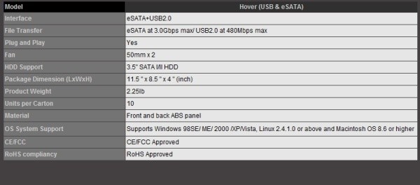 HornetTek Hover 3.5-inch eSATA/USB Drive Enclosure