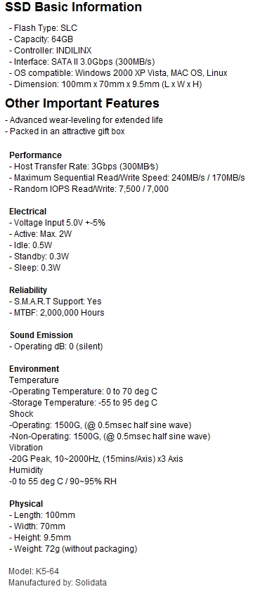 Solidata K5-64 SLC Indilinx Solid State Drive