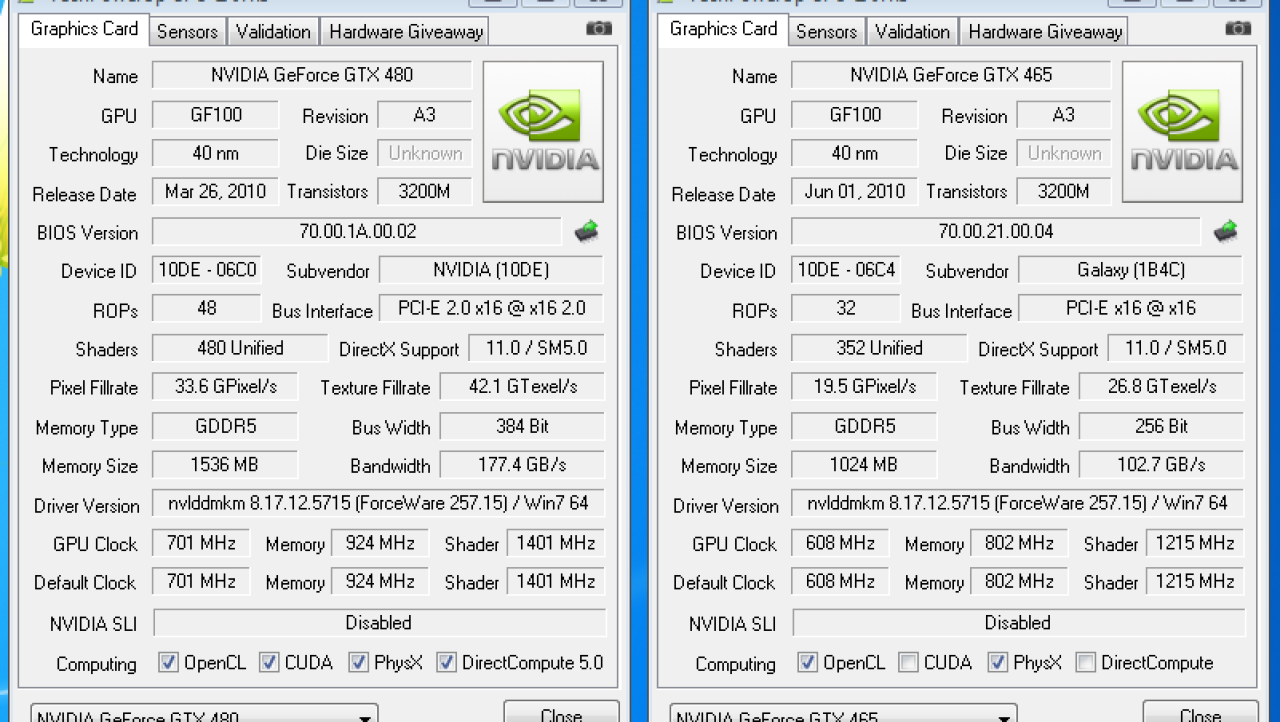 GIGABYTE GeForce GTX 480 with Galaxy GTX 465 as PhysX