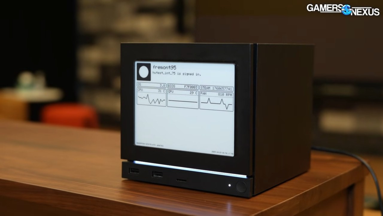 Steam Machine spotted with smart custom E-ink front cover displaying CPU and GPU temps