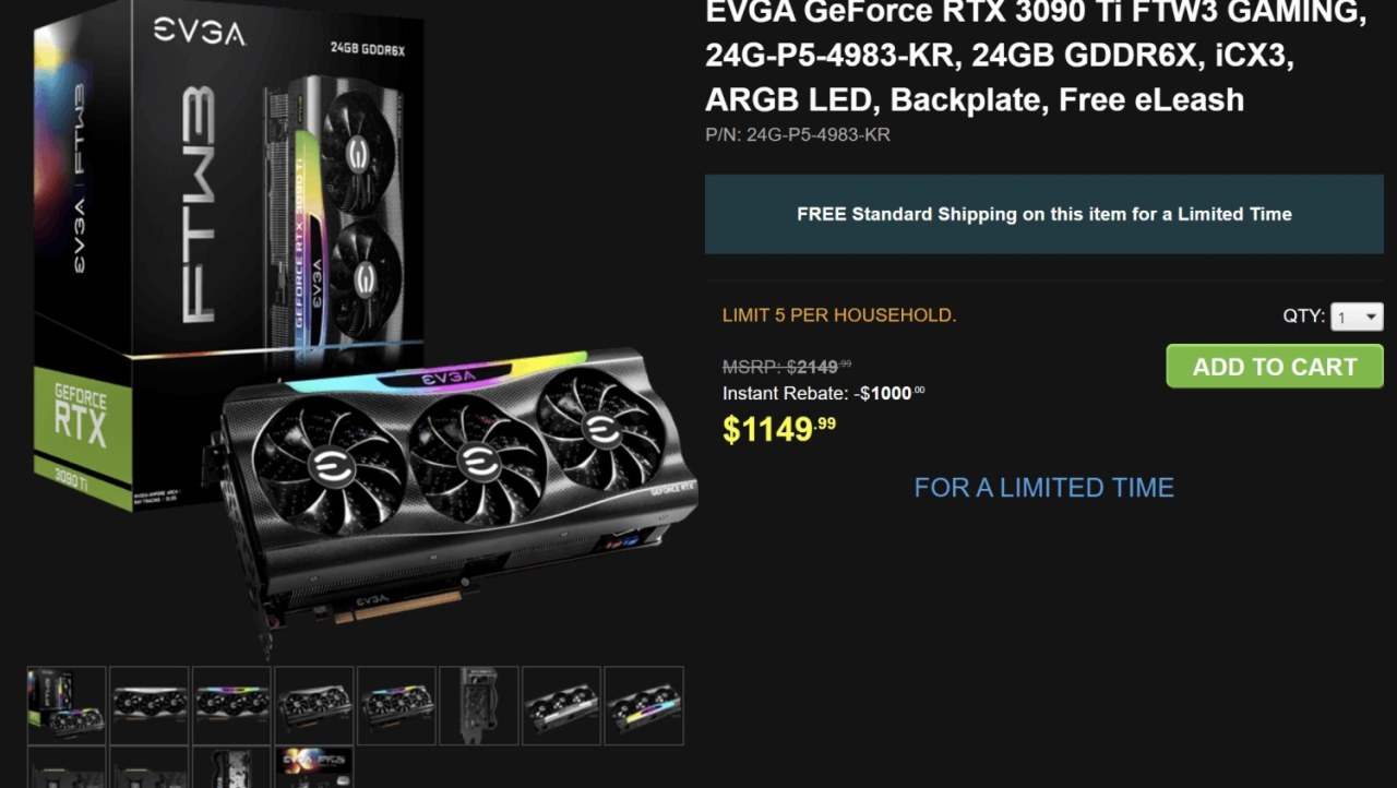 EVGA slashes $1000 from its GeForce RTX 3090 Ti FTW: $2149 to $1149