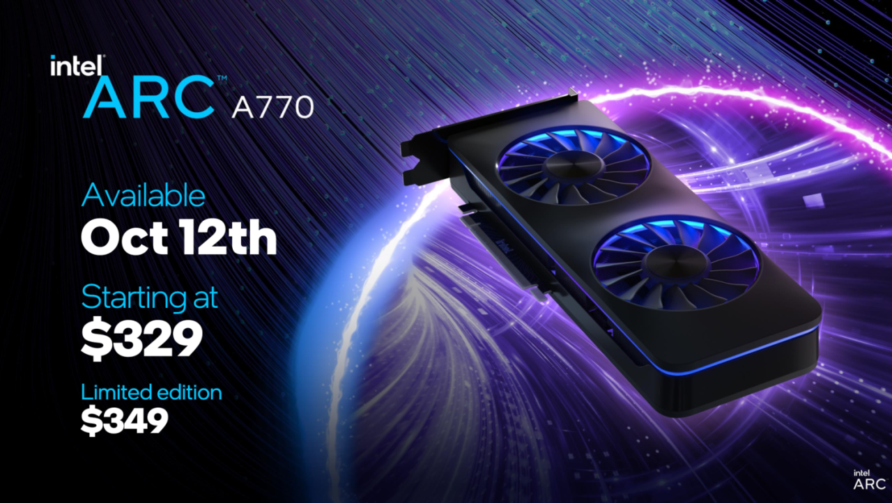 Intel Arc GPU pricing: Arc A770 costs $329 to $349, Arc A750 is $289