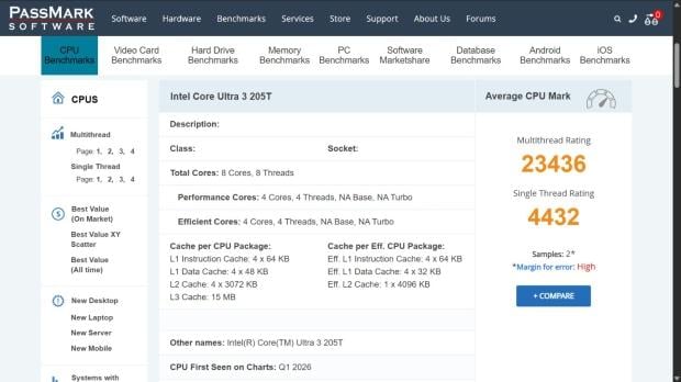 Intel Core Ultra 3 205T spotted on PassMark, 10% slower than Core Ultra 5 225T