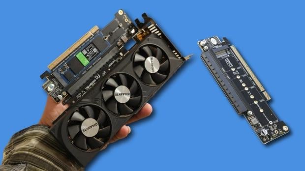 This unique PCIe adapter adds dual SSDs to low-profile GPUs