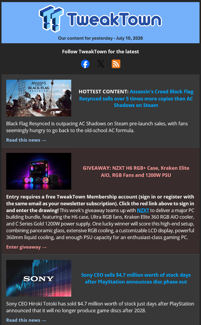 TweakTown Daily Newsletter example (dark theme)