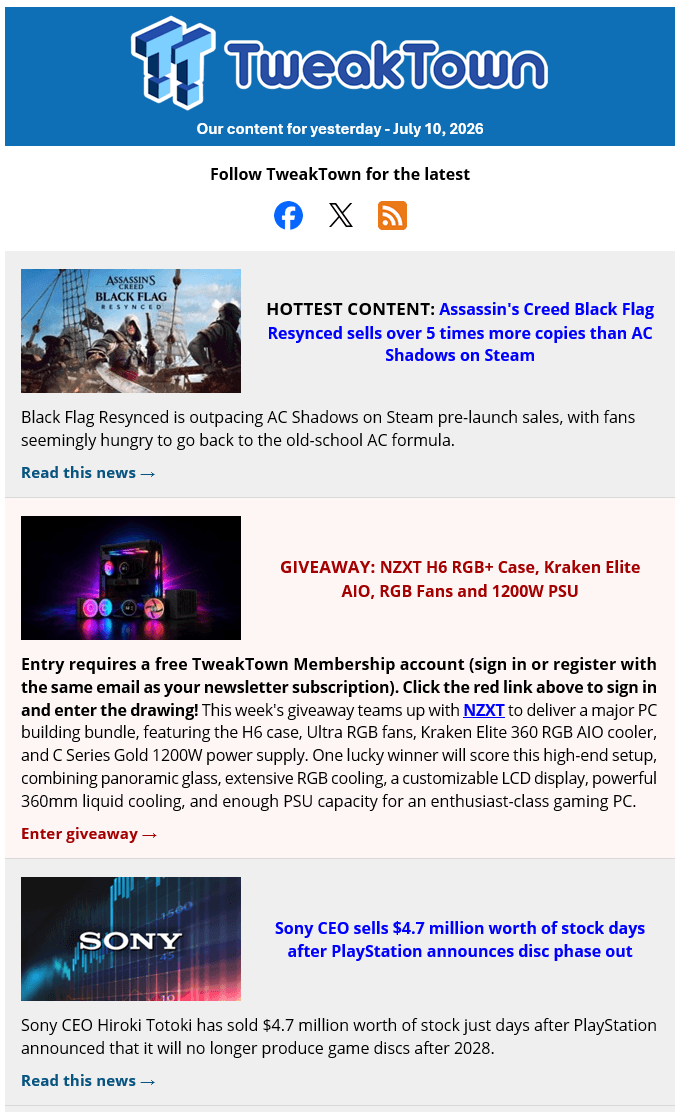 TweakTown Daily Newsletter example (light theme)