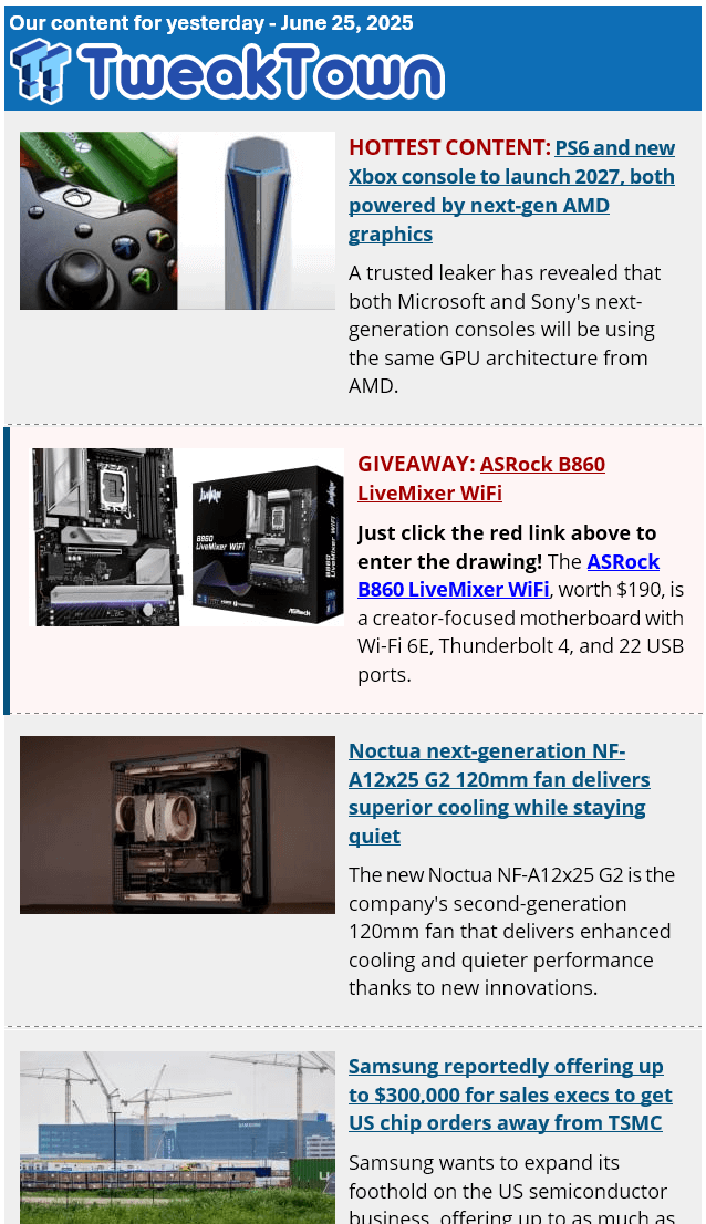 TweakTown Daily Newsletter example from June 2025